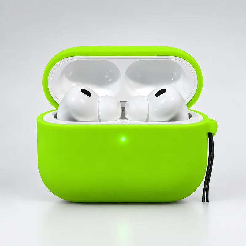 Estuche KORD PRO 2 abierto, con la funda de silicona verde neón.